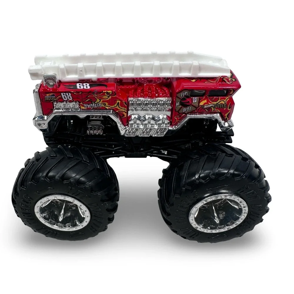 Hot‎ Wheels Monster Trucks 5 Alarm Fire Truck 68 Red Chrome Flames Silver Wheels